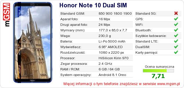 Dane telefonu Honor Note 10 Dual SIM