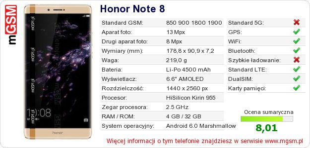 Dane telefonu Honor Note 8 Dane telefonu Honor Note 8