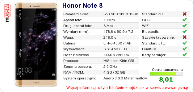 Dane telefonu Honor Note 8
