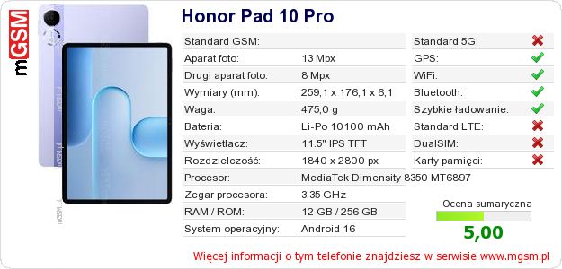 Dane telefonu Honor Pad 10 Pro Dane telefonu Honor Pad 10 Pro