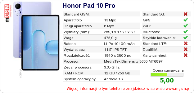 Dane telefonu Honor Pad 10 Pro