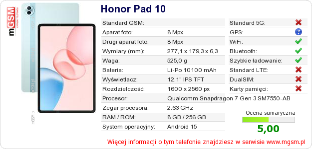 Dane telefonu Honor Pad 10 Dane telefonu Honor Pad 10