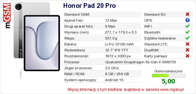 Dane telefonu Honor Pad 20 Pro Dane telefonu Honor Pad 20 Pro