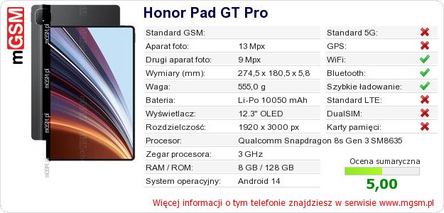 Dane telefonu Honor Pad GT Pro