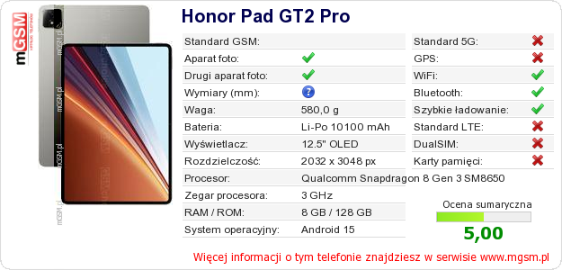 Dane telefonu Honor Pad GT2 Pro
