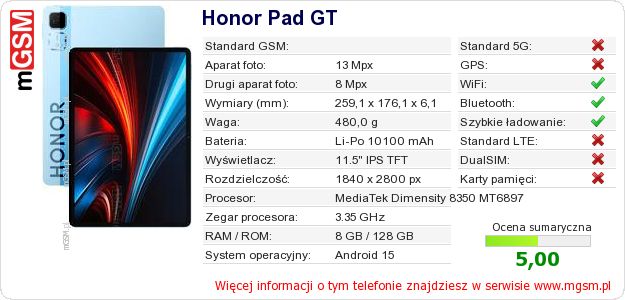 Dane telefonu Honor Pad GT