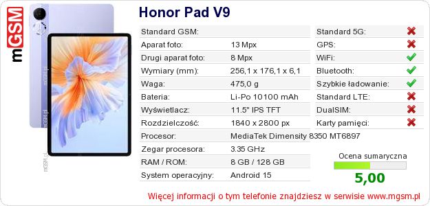 Dane telefonu Honor Pad V9 Dane telefonu Honor Pad V9