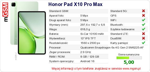 Dane telefonu Honor Pad X10 Pro Max Dane telefonu Honor Pad X10 Pro Max