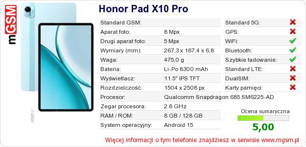 Dane telefonu Honor Pad X10 Pro Dane telefonu Honor Pad X10 Pro