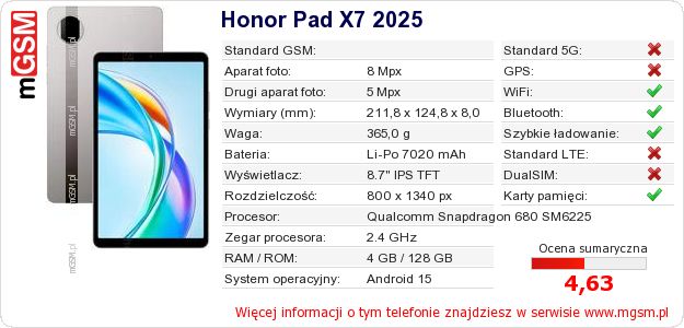 Dane telefonu Honor Pad X7 2025