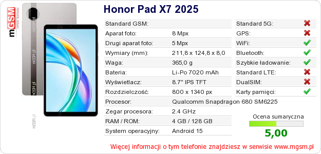 Dane telefonu Honor Pad X7 2025