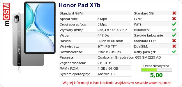 Dane telefonu Honor Pad X7b Dane telefonu Honor Pad X7b