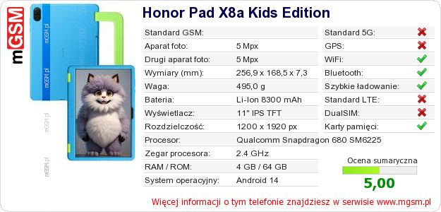 Dane telefonu Honor Pad X8a Kids Edition Dane telefonu Honor Pad X8a Kids Edition