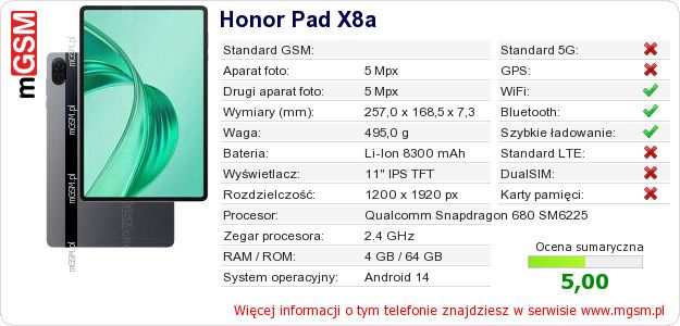 Dane telefonu Honor Pad X8a