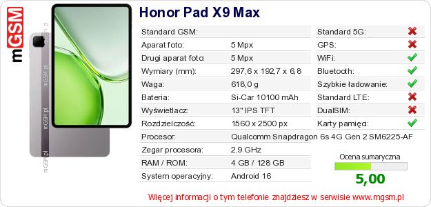 Dane telefonu Honor Pad X9 Max Dane telefonu Honor Pad X9 Max
