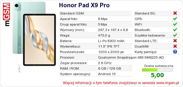 Dane telefonu Honor Pad X9 Pro