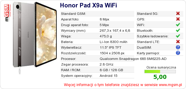 Dane telefonu Honor Pad X9a WiFi