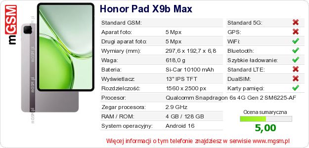Dane telefonu Honor Pad X9b Max Dane telefonu Honor Pad X9b Max
