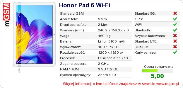 Dane telefonu Honor Pad 6 Wi-Fi