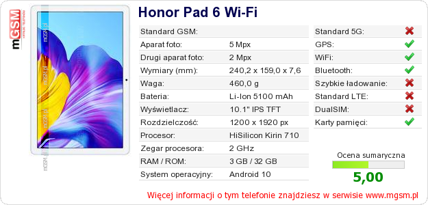 Dane telefonu Honor Pad 6 Wi-Fi Dane telefonu Honor Pad 6 Wi-Fi