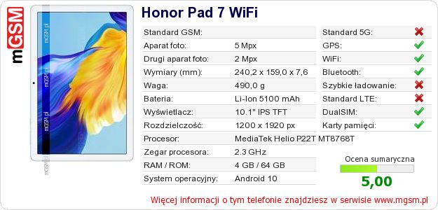 Dane telefonu Honor Pad 7 WiFi