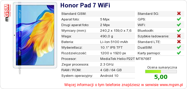Dane telefonu Honor Pad 7 WiFi