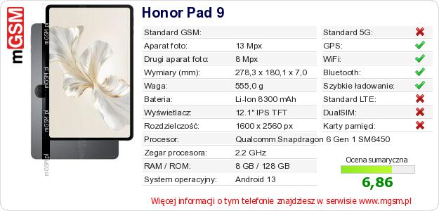 Dane telefonu Honor Pad 9 Dane telefonu Honor Pad 9