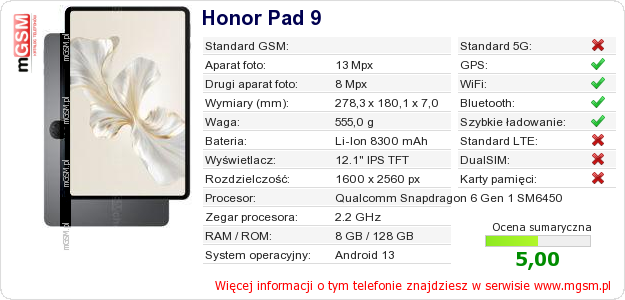 Dane telefonu Honor Pad 9 Dane telefonu Honor Pad 9