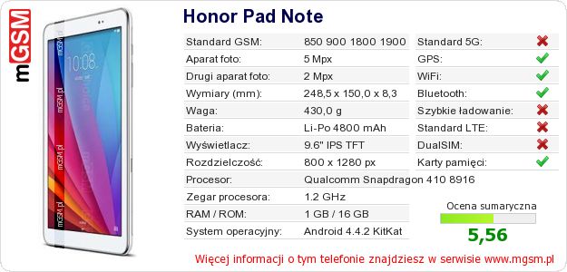 Dane telefonu Honor Pad Note