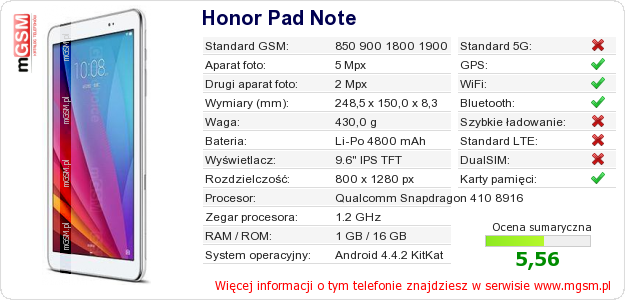 Dane telefonu Honor Pad Note