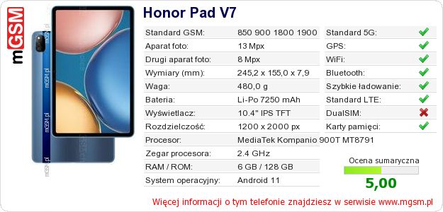Dane telefonu Honor Pad V7 Dane telefonu Honor Pad V7