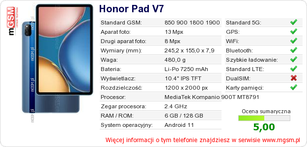Dane telefonu Honor Pad V7