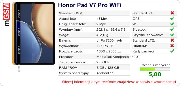 Dane telefonu Honor Pad V7 Pro WiFi