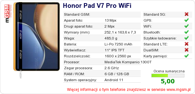 Dane telefonu Honor Pad V7 Pro WiFi