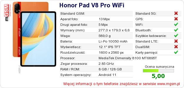 Dane telefonu Honor Pad V8 Pro WiFi