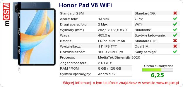 Dane telefonu Honor Pad V8 WiFi