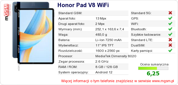 Dane telefonu Honor Pad V8 WiFi Dane telefonu Honor Pad V8 WiFi