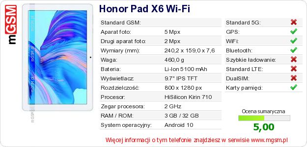 Dane telefonu Honor Pad X6 Wi-Fi Dane telefonu Honor Pad X6 Wi-Fi
