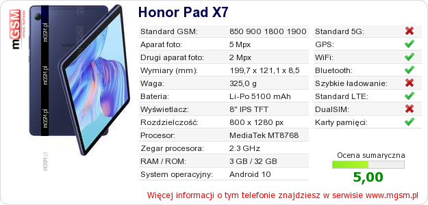 Dane telefonu Honor Pad X7