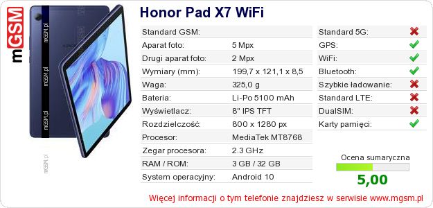 Dane telefonu Honor Pad X7 WiFi Dane telefonu Honor Pad X7 WiFi