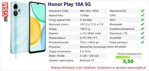 Dane telefonu Honor Play 10A 5G Dane telefonu Honor Play 10A 5G