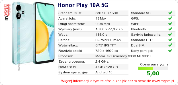 Dane telefonu Honor Play 10A 5G Dane telefonu Honor Play 10A 5G