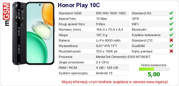 Dane telefonu Honor Play 10C Dane telefonu Honor Play 10C