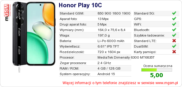 Dane telefonu Honor Play 10C Dane telefonu Honor Play 10C