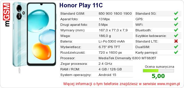 Dane telefonu Honor Play 11C