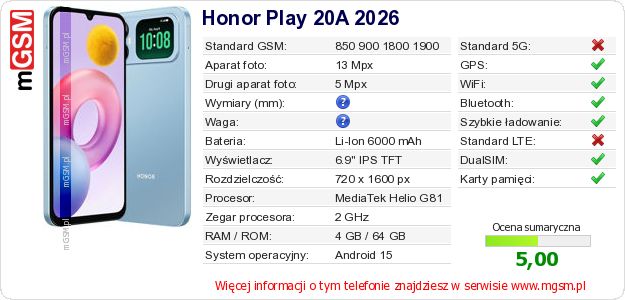 Dane telefonu Honor Play 20A 2026 Dane telefonu Honor Play 20A 2026