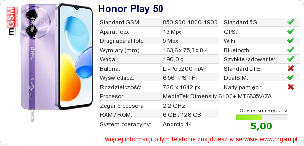 Dane telefonu Honor Play 50