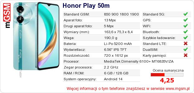 Dane telefonu Honor Play 50m