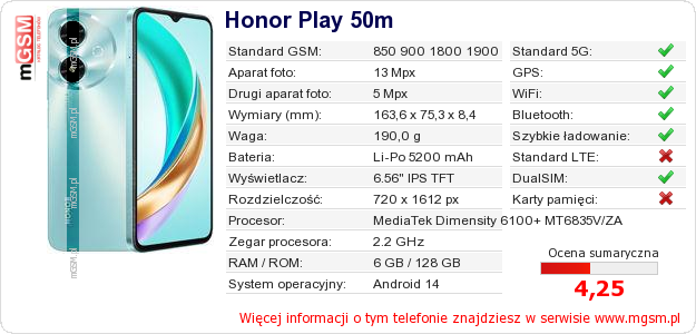 Dane telefonu Honor Play 50m