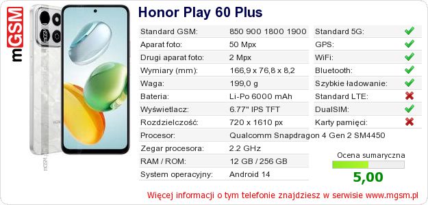 Dane telefonu Honor Play 60 Plus